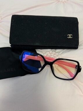 CHANEL Black Frame Glasses with Pink Temples and Blue Lenses